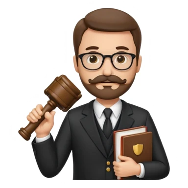 “Create a clean, modern emoji-style illustration of a male lawyer. He is wearing a formal suit jacket. He is holding a judge’s gavel in one hand and has a law book tucked under his arm. He has a mustache and beard!, and he is wearing glasses. sticker