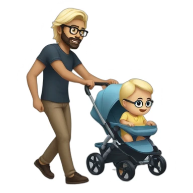 Black haired man with beard and glasses pushing buggy with blonde baby sticker