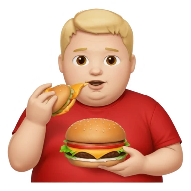 fat boy eating burger wearing red T-shirt sticker