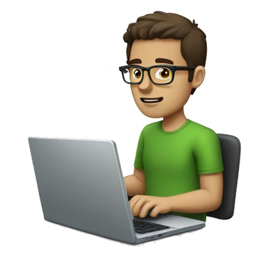 white guy with dark brown hair square glasses typing in laptop wearing green t-shirt working in call center sticker