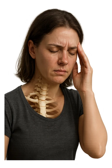 donna stanca che si tiene una mano sulla tempia con spina dorsale anatomica visibile, iperrealistico 4k sticker