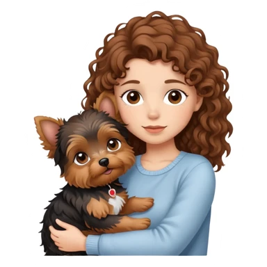 Girl with brown curly hair cuddling with a cute yorkie sticker
