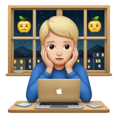 tired student with laptop, window at night behind, face in hands, apple style emoji sticker