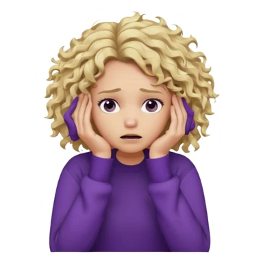 Emoji-style illustration of a frustrated young woman, messy curly tousled blonde hair, wearing a purple sweater, holding her face in her hands, expressing annoyance and disappointment, cartoonish, expressive, simple lines, flat colors, clear silhouette,  sticker