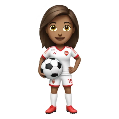 Pretty woman with short brown hair holding a soccer ball and wearing an Arsenal jersey sticker