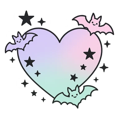 pastel goth heart with pastel bats and black stars ,remove background sticker