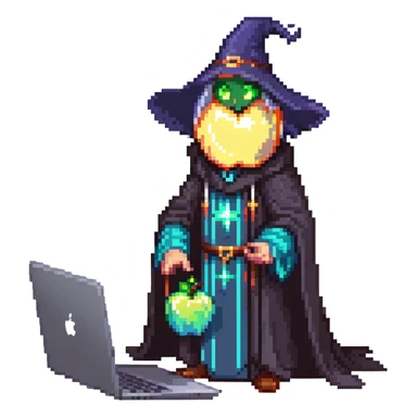 powerful wizard coding on an Apple laptop, glowing magical aura surrounding him, confident expression, looks like the ultimate boss of coding, wearing impressive dark robe sticker