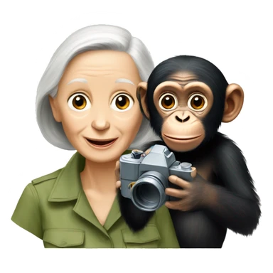 Jane Goodall with binoculars and a baby chimpanzee sticker