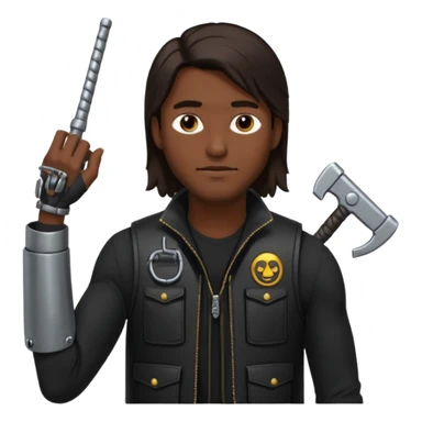 man with long dark brown hair and a black tac vest, a metal arm sticker