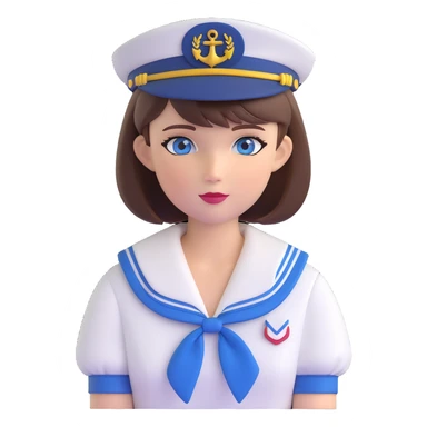 female sailor, short brown bob haircut, blue eyes, classic sailor hat, transparent background sticker