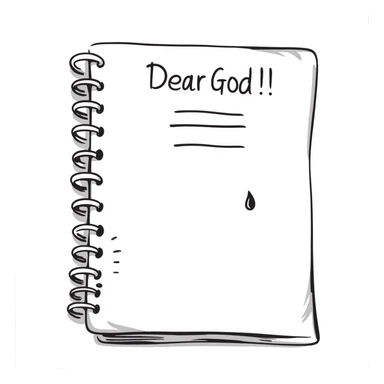 Hand-drawn notebook page with "Dear God" written at the top in a student's handwriting, looking like the start of a desperate essay sticker