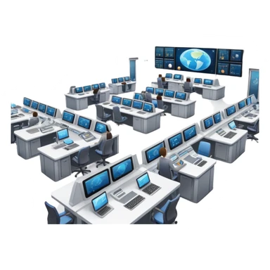 space mission control room with multiple screens and operators at desks sticker