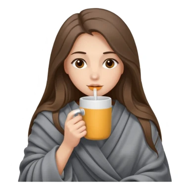 Brown-eyed, fair-skinned girl with long hair down to her shoulders, wrapped in a gray blanket, drinking from a New Year's mug sticker