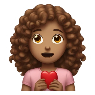 Girl with brown curly hair crying and holding a red heart sticker