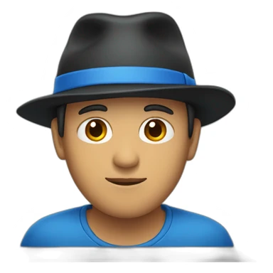 A person wearing a blue shirt and a black hat sticker