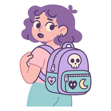 pastel goth backpack, pastel colors, silver zippers, cute gothic motifs sticker