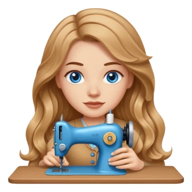 White Girl with light brown wavy long hair and blue eyes sewing sticker