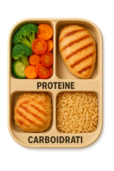EMOJI STILE IPHONE DI una schiscetta vista dall'alto con 3 porzioni ben distinte: nelle porzioni scrivi le parole FIBRE, PROTEINE, CARBOIDRATI, iperrealistica 4k sticker