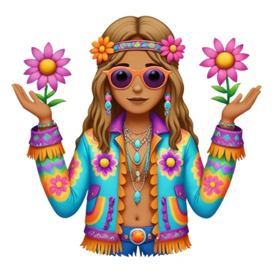 3D, psychedelic colored hippie wearing hip huggers and a fringed jacket with flower border sticker
