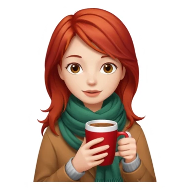 a girl drink with red layer hair, having scarf, drink coffee, enjoy sticker