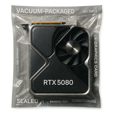 vacuum-sealed RTX 5080 graphics card, compressed and shiny sticker