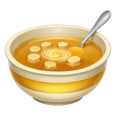 a bowl of golden broth, shiny, smooth, no spoon, simple, clear sticker