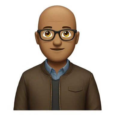 bald man with glasses and hair onlu on the sides of thehad with a brown leathr jacket sticker