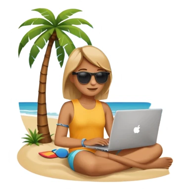 A minimalist emoji-style icon: A gender-neutral person sitting with a laptop on the beach. A palm tree nearby, sun and sea in the background. Relaxed, summery atmosphere. Simplified shapes, no detailed facial features, clean emoji-like design. sticker