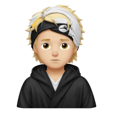 Create a blond boy with long, messy hair, light eyes, a white t-shirt, rich, with long hair, blue eyes, medium-length, voluminous hair, wearing a black Nike bathrobe and a little blush near his nose. and with a  balaclava, but showing her hair. sticker