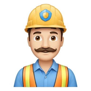 Business owner, well dressed, blue shirt, mustache, construction protection hat, happy sticker