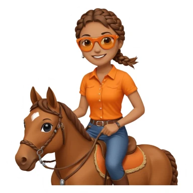smiling woman with braided hair, sunglasses, orange shirt, riding a horse, cheerful and expressive emoji sticker