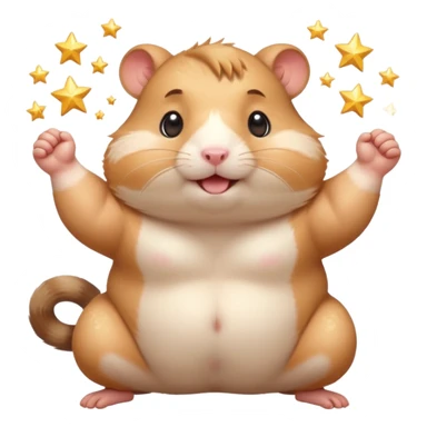 Cute chubby cartoon-style hamster flexing tiny arms like a bodybuilder, sparkles around it, triumphant expression. Painterly shading, white background, sticker-style illustration. sticker