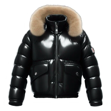 short shiny black moncler jacket with fur reflecting latex sticker