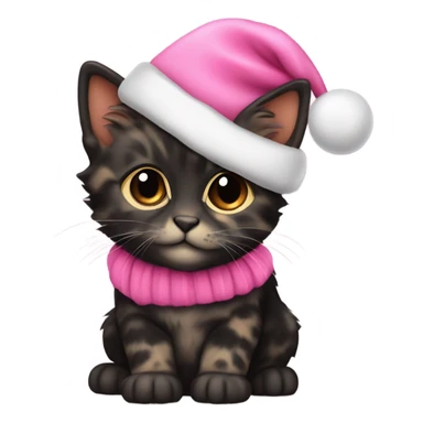 Cute mostly black tortoiseshell kitten wearing a pink Santa hat and coat sticker