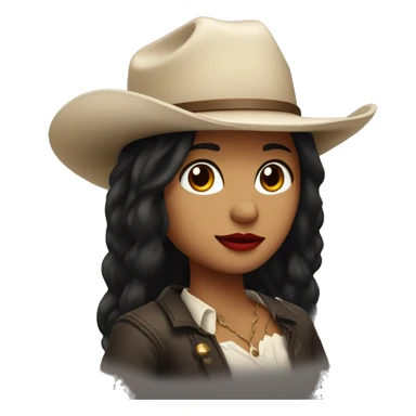 straight black hair,red lipstick,hazel eyes, white skin, a small nose and a cowboy hat  sticker