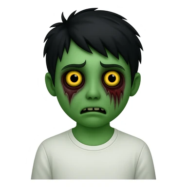 Add green skin to the zombie boy with black shaggy emo hair, creepy and spooky face, wearing a white shirt, no background, in emoji style. sticker