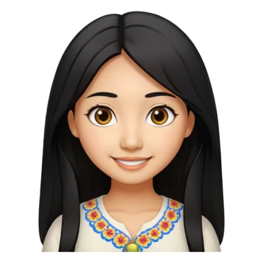 30 yr old asian woman center parted hair big eyes big smile tanned skin straight black hair hippie part hair white blouse sticker