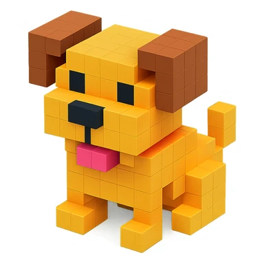 <SystemPrompt>
                <Style>
                  <Name>Voxel Emoji Art</Name>
                  <Description>A playful, isometric voxel style that mimics pixel art in 3D, commonly used for emojis, UI icons, and symbols. Rendered with bright, vibrant colors and no shadows.</Description>
                  <VisualRules>
                    <Geometry>
                      <BaseUnit>Cube</BaseUnit>
                      <GridAlignment>Isometric</GridAlignment>
                      <VoxelSize>Consistent</VoxelSize>
                    </Geometry>
                    <Color>
                      <Palette>Vivid and High Saturation</Palette>
                      <Gradient>Allowed on faces for subtle lighting</Gradient>
                    </Color>
                    <Lighting>
                      <Style>Soft studio lighting</Style>
                      <Shadows>Subtle ambient shadows</Shadows>
                    </Lighting>
                    <Detailing>
                      <Outline>None</Outline>
                      <Texture>Flat color (no texture noise)</Texture>
                      <Effects>None</Effects>
                    </Detailing>
                  </VisualRules>
                </Style>
                <Generation>
                  <PromptTemplate>
                    <![CDATA[
                      Render a voxel-style 3D illustration of a {subject}, using bright colors and blocky pixelated geometry. The object should appear playful and clean, similar to emoji aesthetics, with no shadows and no outlines. Lighting should enhance the 3D depth without harsh contrast.
                    ]]>
                  </PromptTemplate>
                </Generation>
              </SystemPrompt>
              {subject} = dog sticker