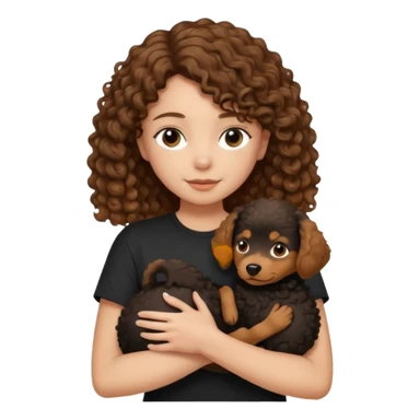 A girl with shoulder-length hair, dressed in a black tee, gently holding a curly-haired brown dog in her arms." sticker