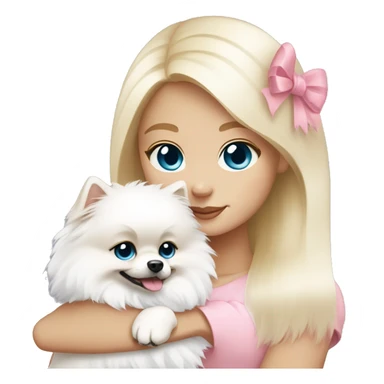 Blond girl white skin blue eyes hugging white Pomeranian with light pink bow sticker
