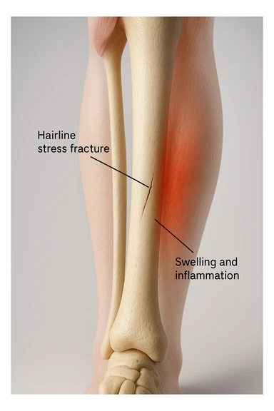 3D realistic medical illustration: a close-up of a human lower leg (tibia), showing the bone with a visible hairline stress fracture. The surrounding soft tissue is semi-transparent, highlighting mild swelling and inflammation. Educational labels point to the fracture site. The background is clean and clinical, with a subtle gradient. sticker
