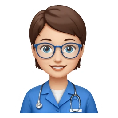 Blue eyes very short brown hair with glasses woman in care assistant blue uniform sticker