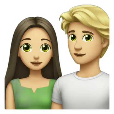 a blond boy with green eyes kisses a brunette girl with long straight hair and  green eyes on the cheek sticker
