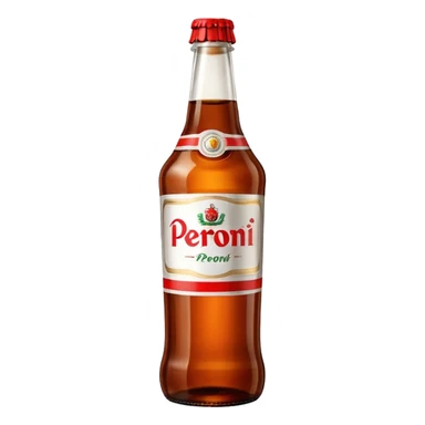 Glass bottle Peroni with red marketing tape and a brown glass bottle color sticker