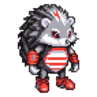 black and red hedgehog with glowing hover shoes and red stripes, standing ready for battle on metallic platforms with neon lights, dark industrial background, mysterious and edgy sticker
