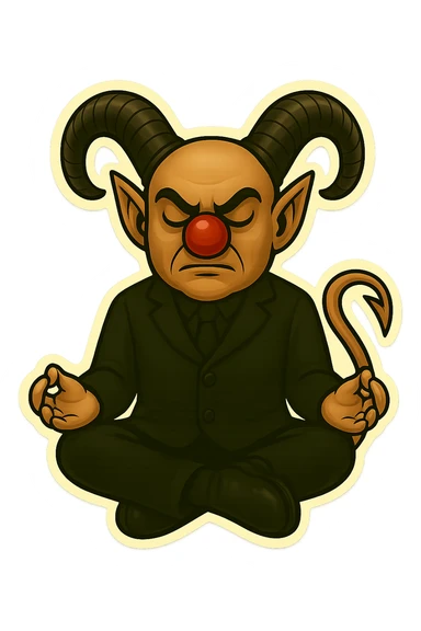 Evil clown wizard in retro sticker style, transparent background, sitting cross-legged and meditating, wearing an all black suit, no pentagrams. Use the reference images for face, horns, and tail. sticker