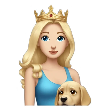 girl with blue eyes and blonde hair in a penthouse with a crown and a dog sticker