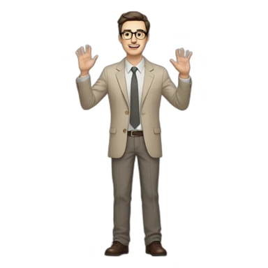 Full height Actively gesturing with hands Pale skinned fit man with dark brown hair in gray jacket, beige office shirt, brown tie, brown pants and vintage glasses. sticker