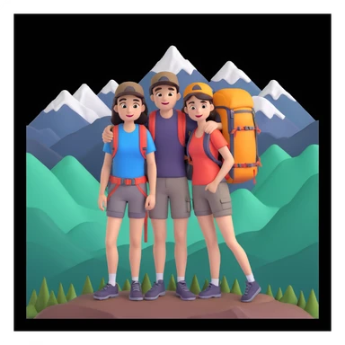 back packer couple posing, mountains in background,   close up pose sticker