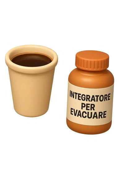 EMOJI STILE IPHONE 3D DI un caffè e di una boccetta di integratore con la scritta "INTEGRATORE PER EVACUARE" SULL'ETICHETTA CHE FLUTTUANO IN ARIA, iperrealistico 4k sticker